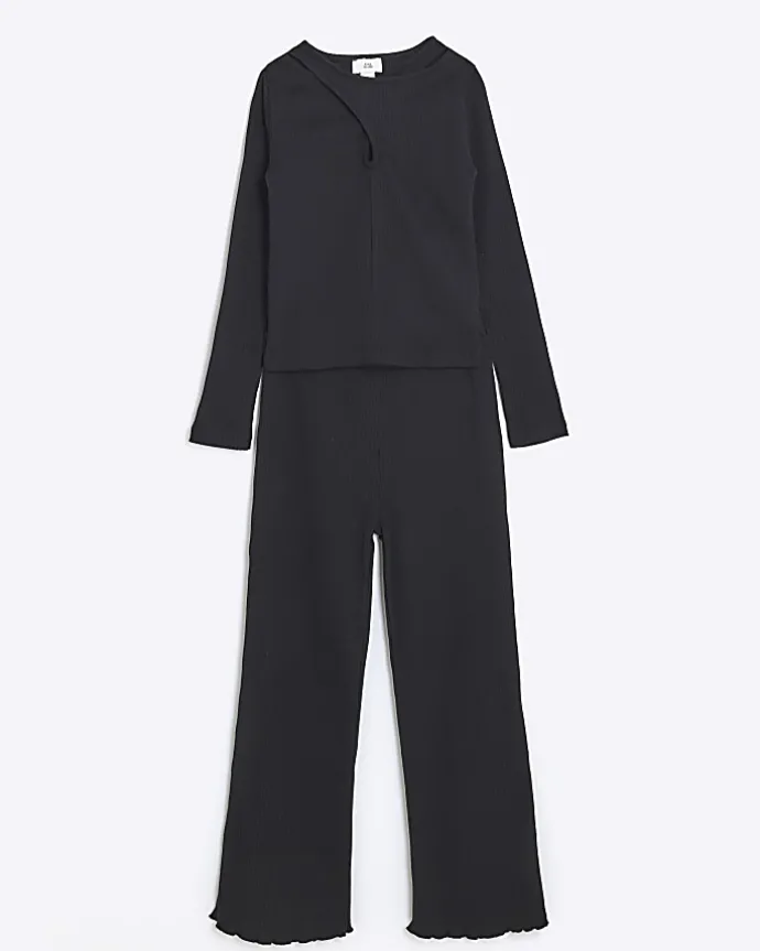 Girls black rib crossed top and leggings set