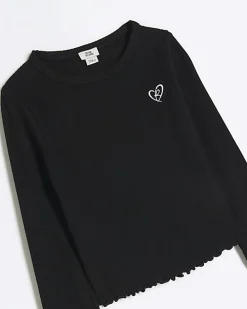 Girls black rib lettuce hem long sleeve top