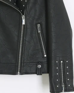 Girls black studded faux leather biker jacket