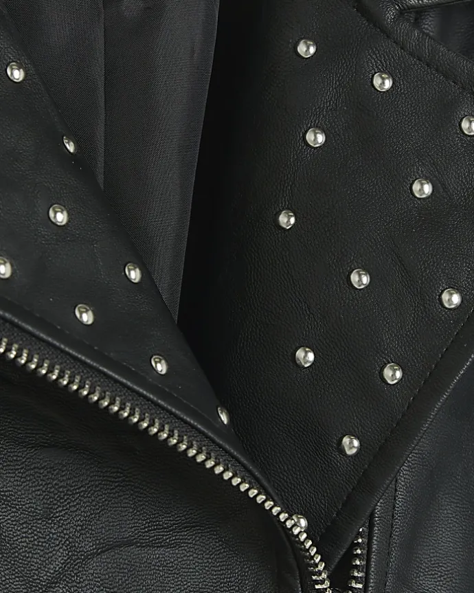 Girls black studded faux leather biker jacket