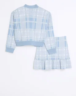 Girls blue check knit cardigan and skirt set
