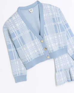 Girls blue check knit cardigan and skirt set
