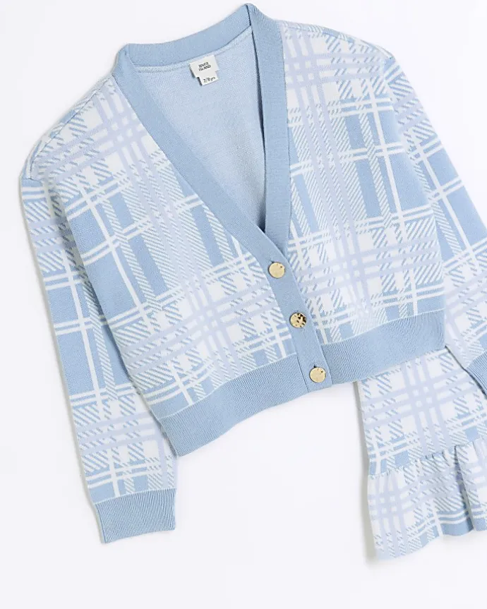 Girls blue check knit cardigan and skirt set