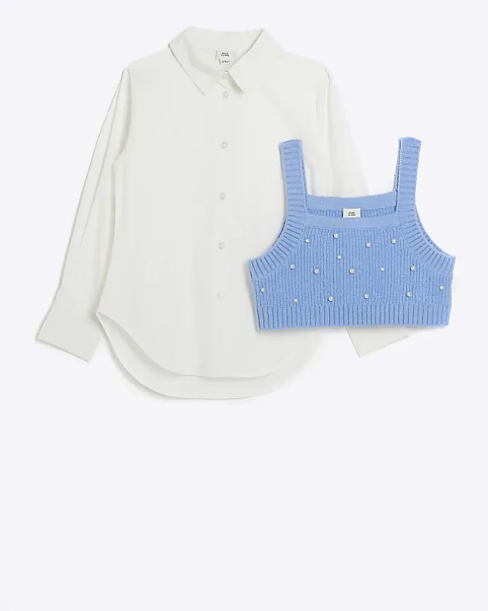 Girls Blue Embellished Knit Top and Shirt Set