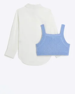 Girls Blue Embellished Knit Top and Shirt Set