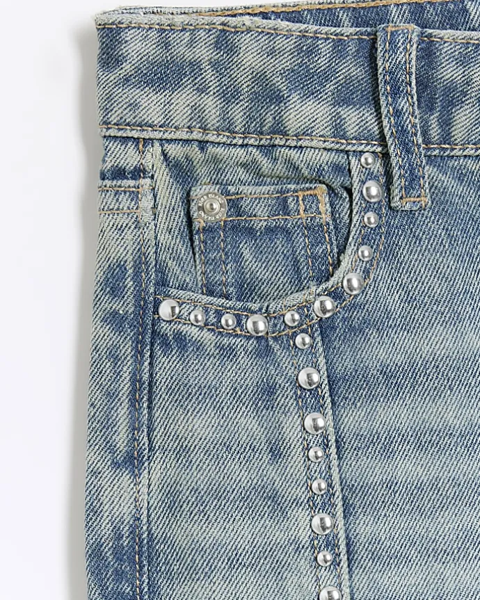 Girls blue studded straight jeans