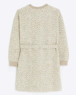 Girls brown animal jacquard belted dress