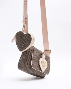 Girls brown floral monogram cross body bag