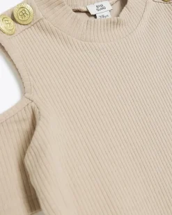 Girls brown ribbed military button bodysuit