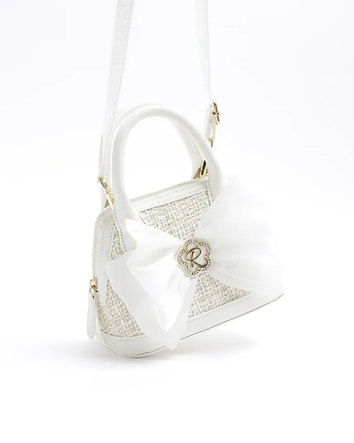 Girls cream boucle bow tote bag
