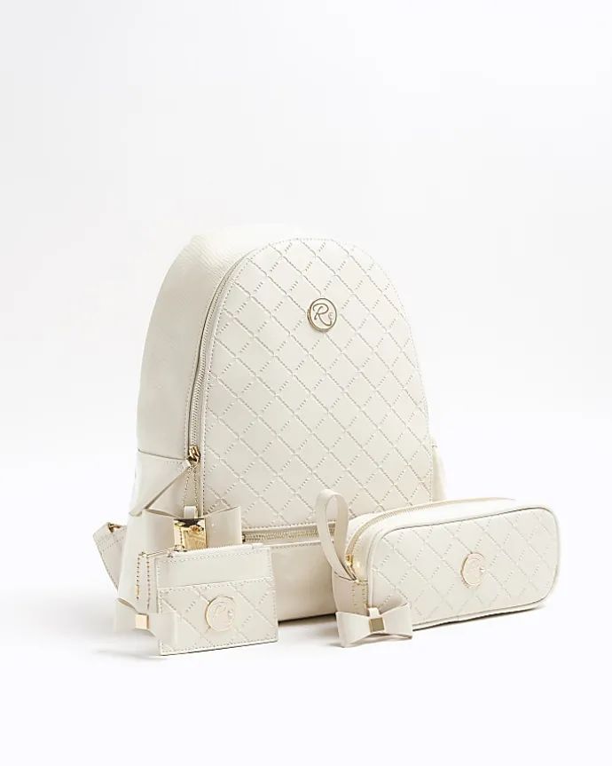 Girls cream bow quilted backpack set