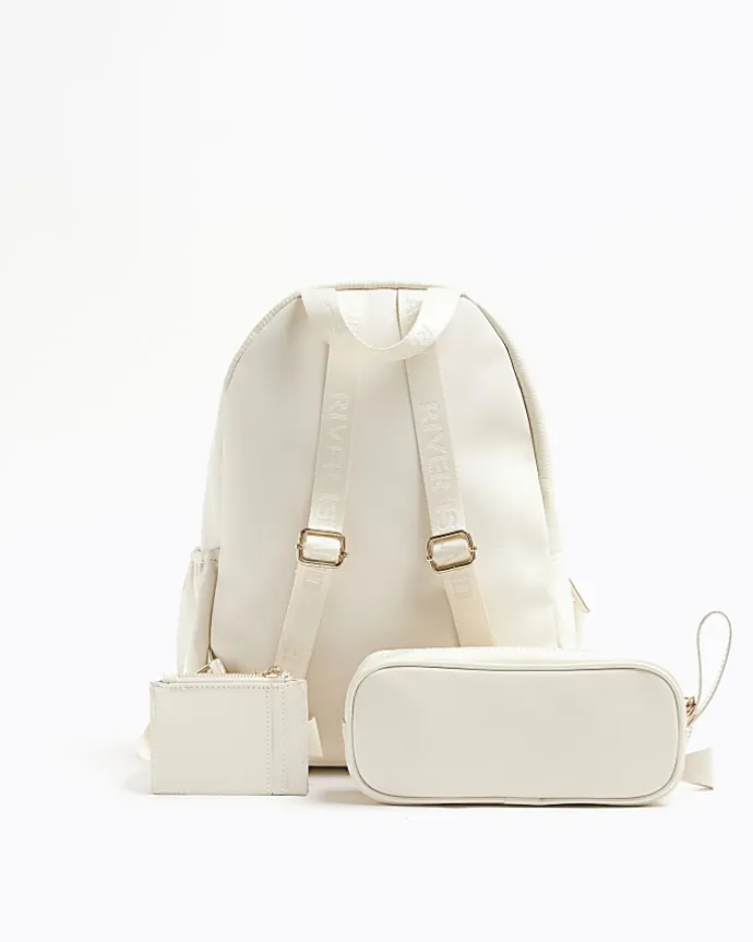 Girls cream bow quilted backpack set