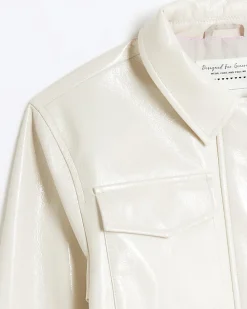 Girls cream faux leather utility shacket