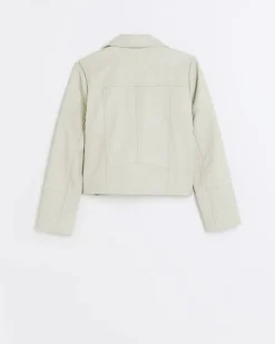 Girls Cream faux leather biker jacket