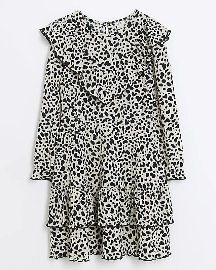 Girls cream leopard print frill dress