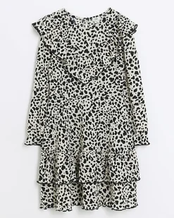 Girls cream leopard print frill dress