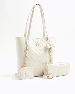 Girls cream quilted bow shopper bag bundle