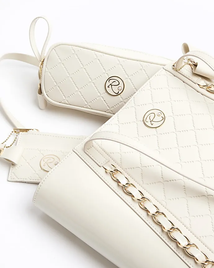Girls cream quilted bow shopper bag bundle