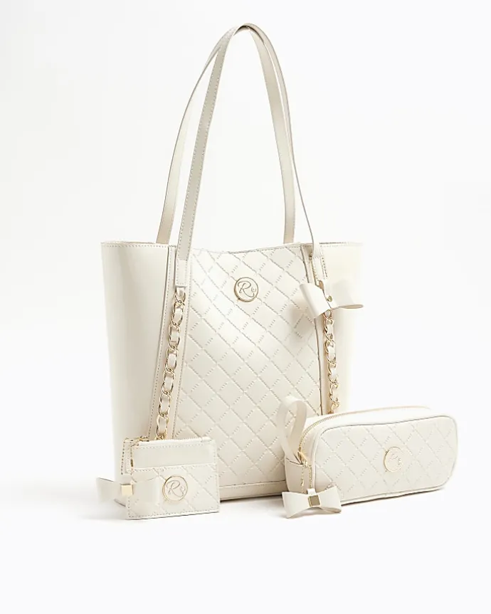 Girls cream quilted bow shopper bag bundle