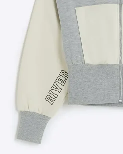 Girls grey colour block crop hoodie