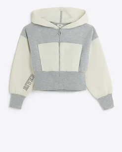 Girls grey colour block crop hoodie
