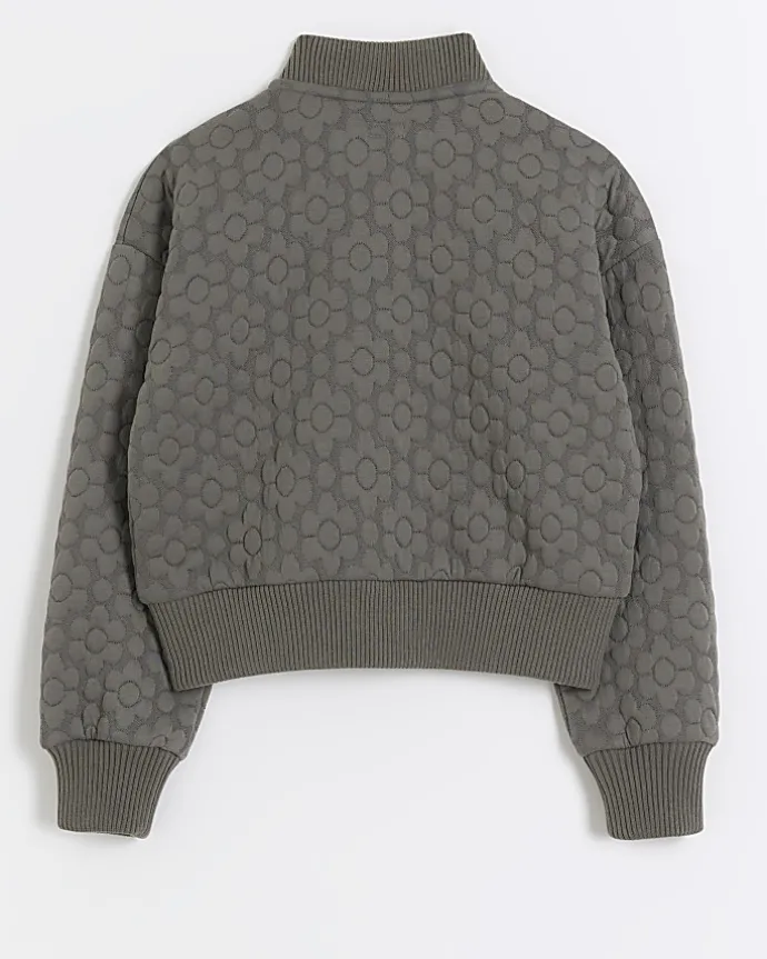 Girls grey floral quilted bomber jacket