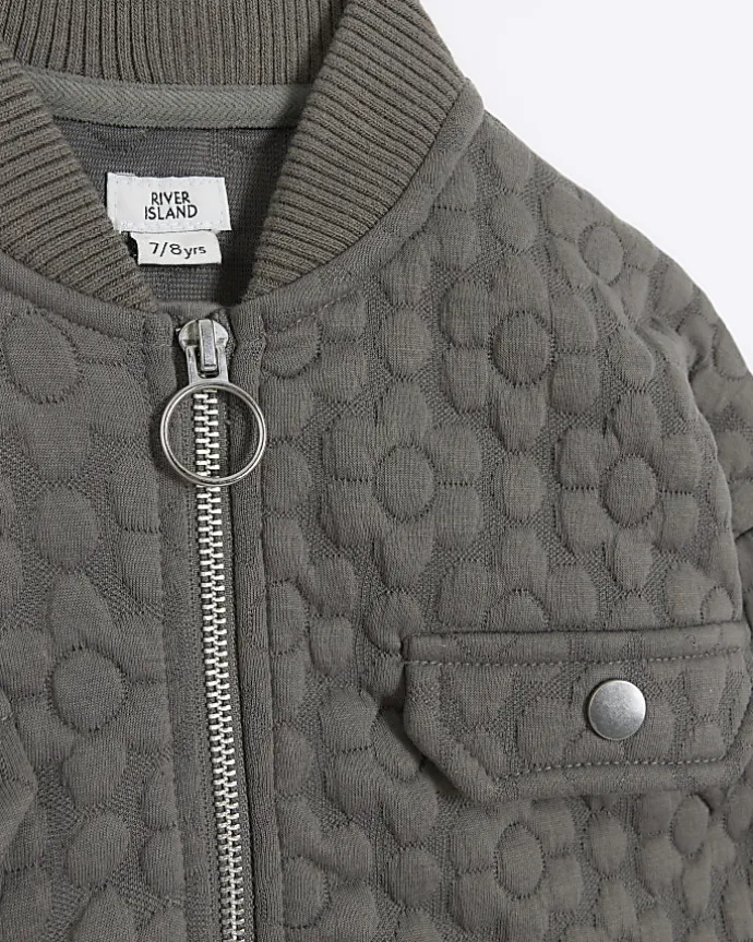 Girls grey floral quilted bomber jacket