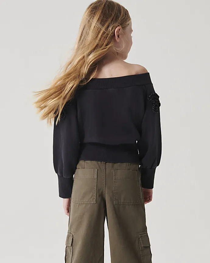 Girls grey flower bardot sweatshirt
