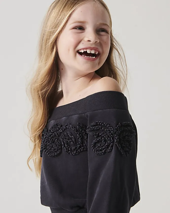 Girls grey flower bardot sweatshirt