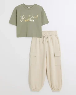 Girls khaki crop t-shirt and joggers set