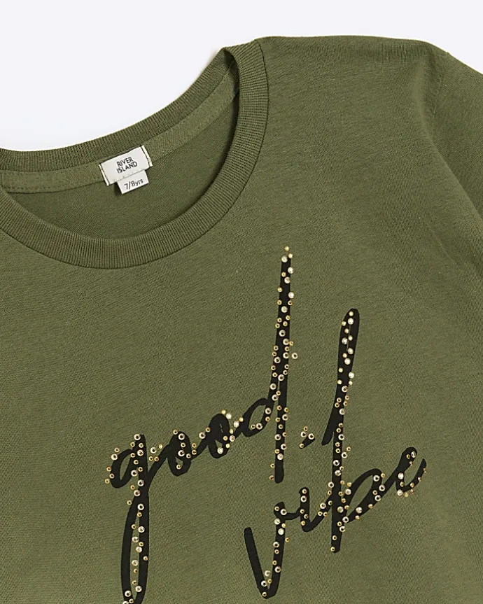 Girls khaki embellished crop t-shirt