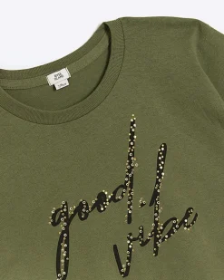 Girls khaki embellished crop t-shirt