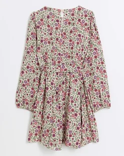 Girls pink daisy floral belted dress
