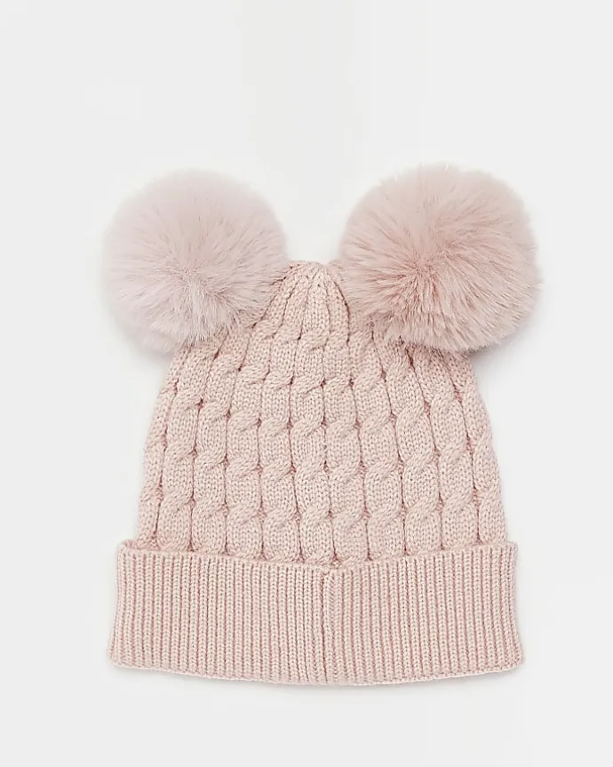 Girls Pink Double Pom Pom Beanie hat