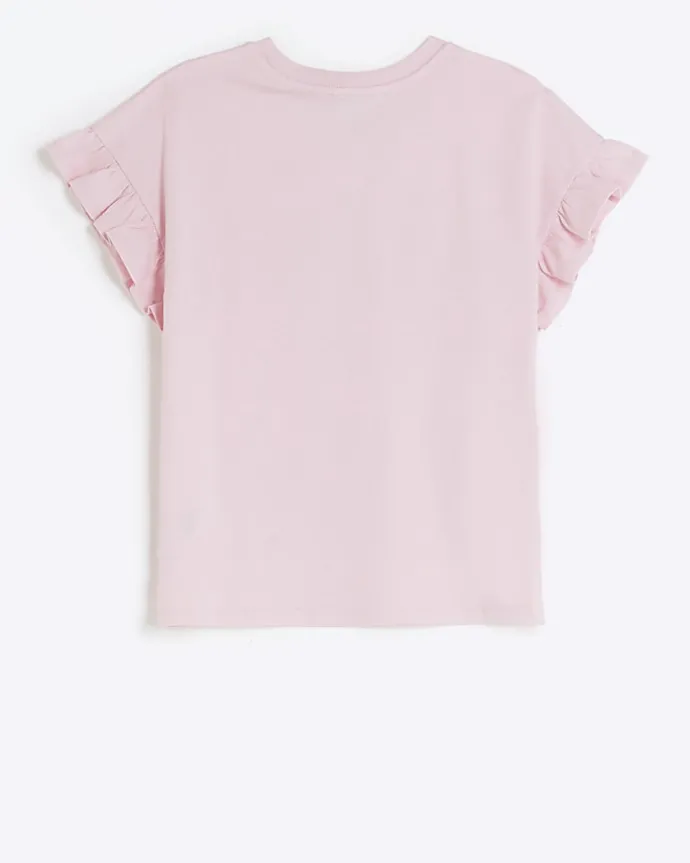 Girls pink graphic frill sleeve t-shirt