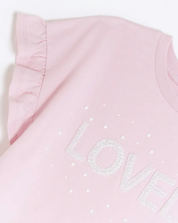 Girls pink graphic frill sleeve t-shirt