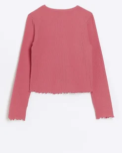 Girls pink long sleeve lettuce hem rib top