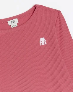 Girls pink long sleeve lettuce hem rib top