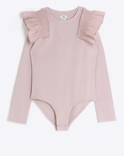 Girls Pink Long Sleeve Rib Frill Bodysuit