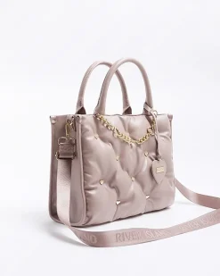 Girls pink Pu heart stud shopper bag