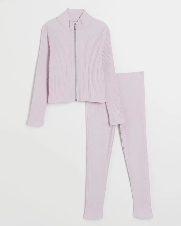 Girls pink rib zip up sweatshirt set