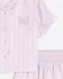 Girls pink satin stripe short pyjama set