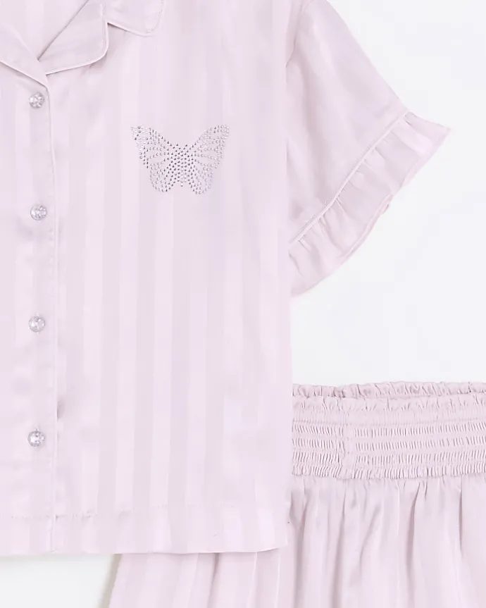 Girls pink satin stripe short pyjama set