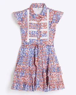 Girls red floral belted shirt dress