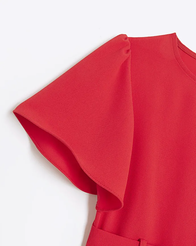 Girls red short sleeve belted playsuit