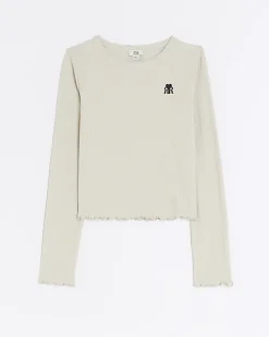 Girls stone long sleeve rib lettuce hem top