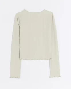 Girls stone long sleeve rib lettuce hem top