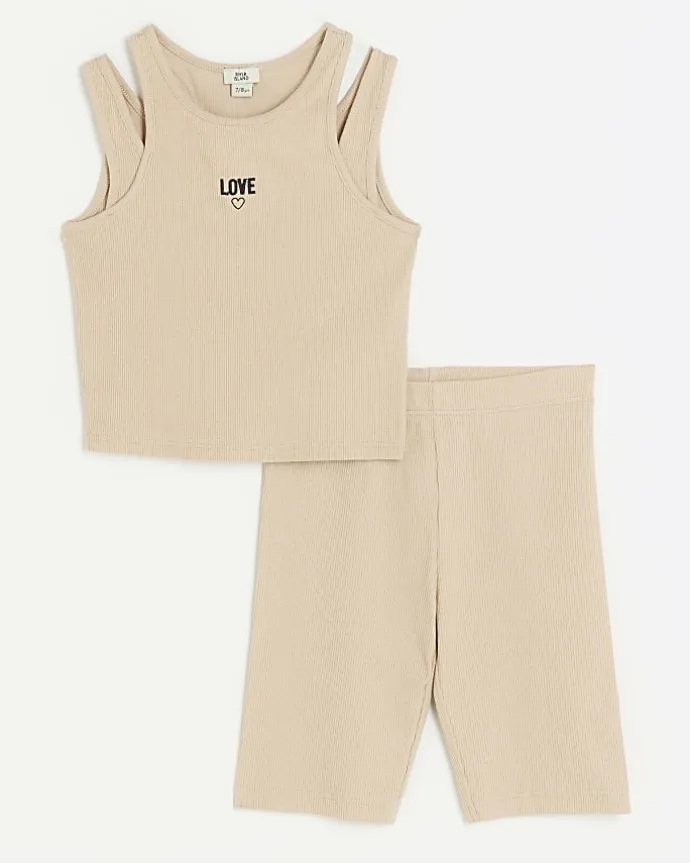 Girls stone rib double strap tank top set