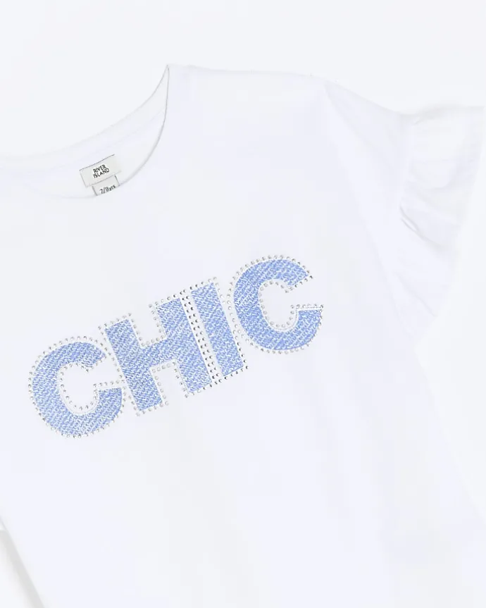 Girls white diamante frill t-shirt