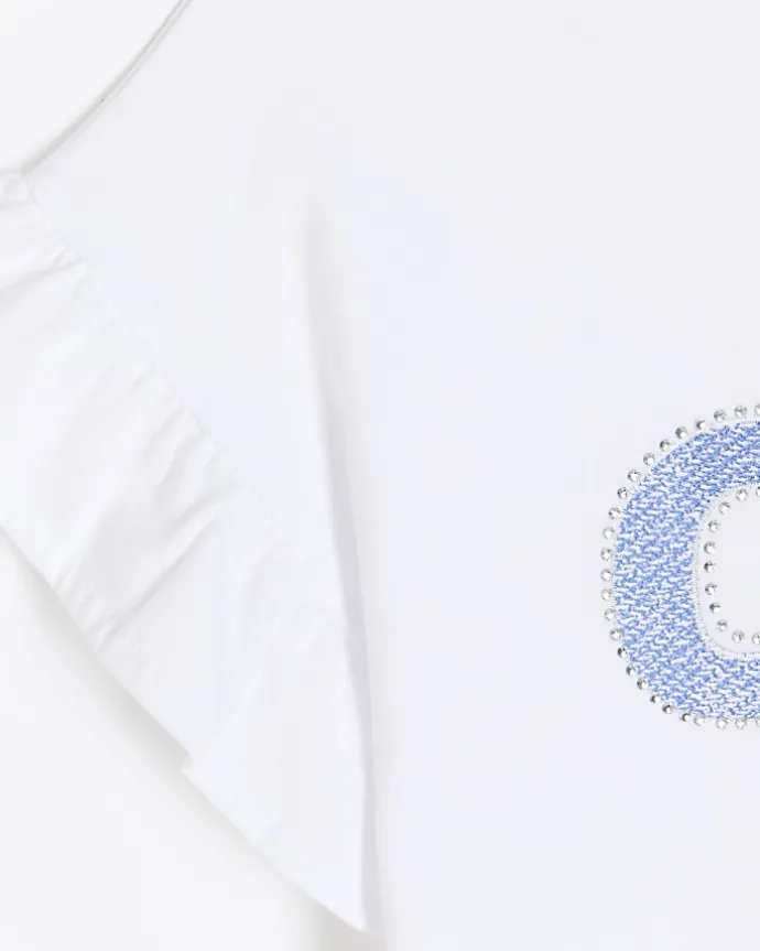 Girls white diamante frill t-shirt